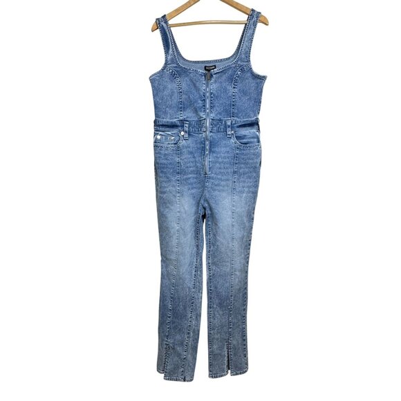 True Religion Denim Jumpsuit Womens XL Blue Front Zip Slit Distressed Overalls - Picture 1 of 13